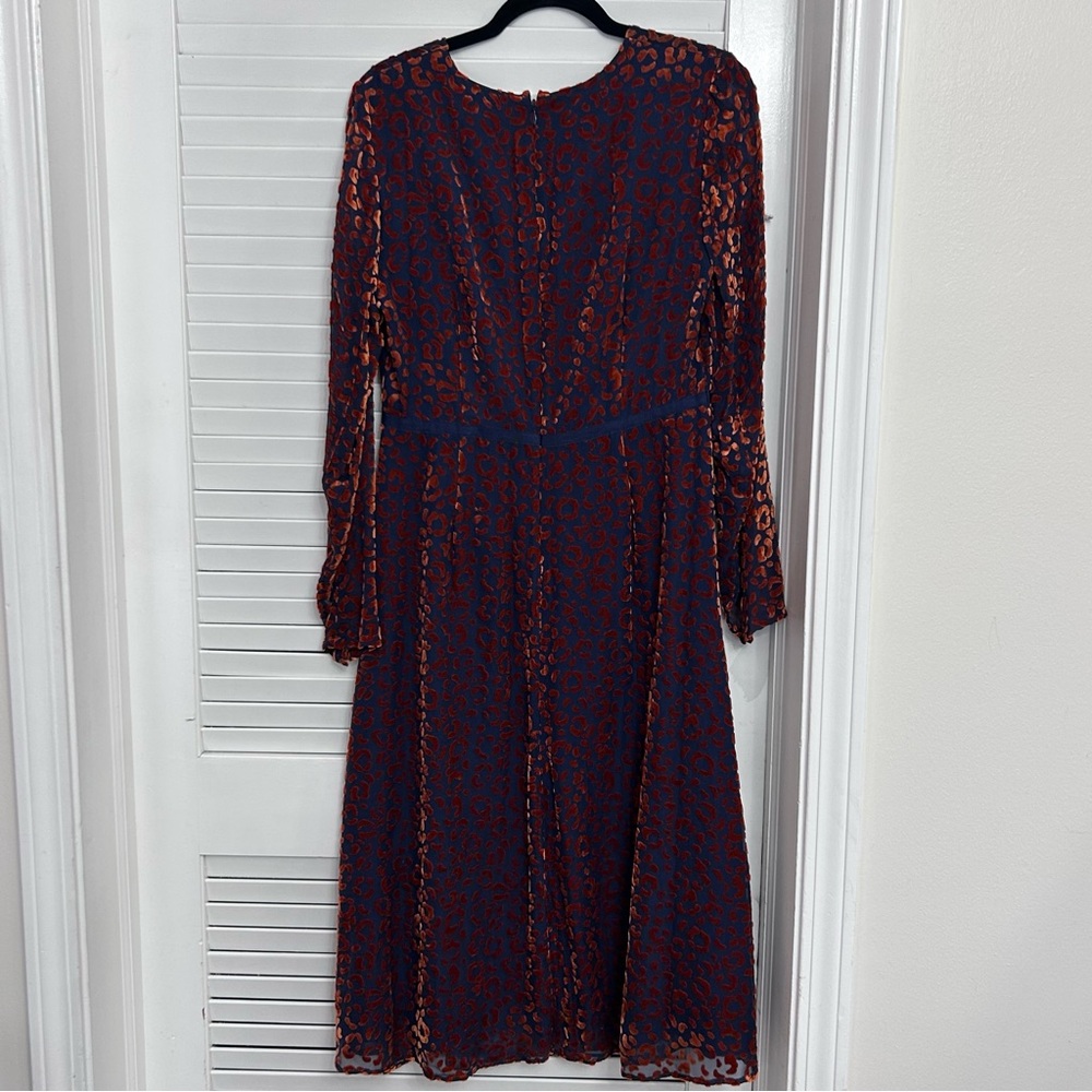 Boden Marie long sleeve midi dress navy blue orange velvet animal print sz 12 - Picture 8 of 8